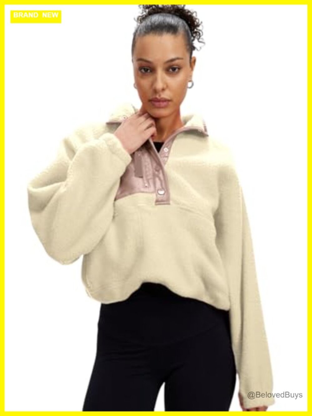 Oversized Sherpa Fleece Teddy Coat with Pockets Colorblock Snap Button